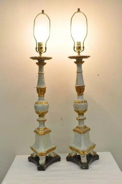 Antique Italian Neoclassical Hand-Carved Giltwood Candlestick Table Lamps - Pair