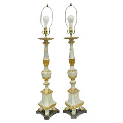Antique Italian Neoclassical Hand-Carved Giltwood Candlestick Table Lamps - Pair