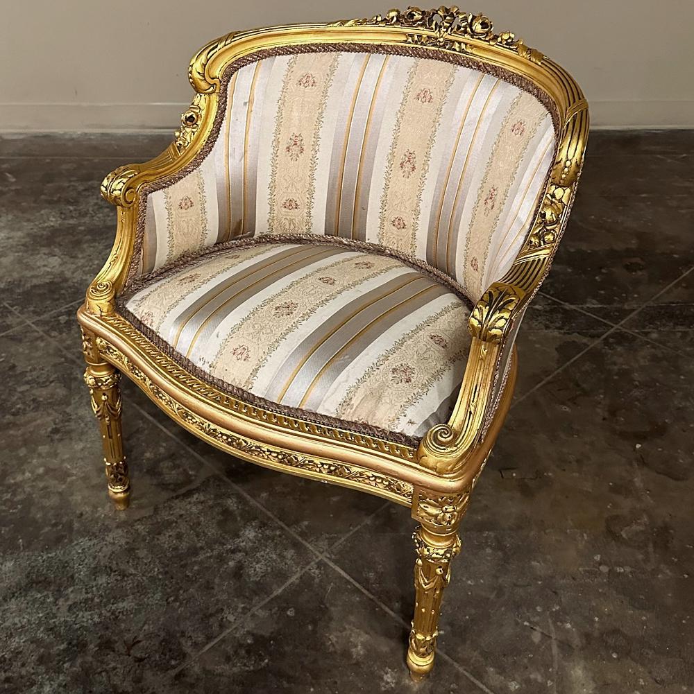 Antique Italian Neoclassical Louis XVI Petite Giltwood Bergeres, Armchairs For Sale 4