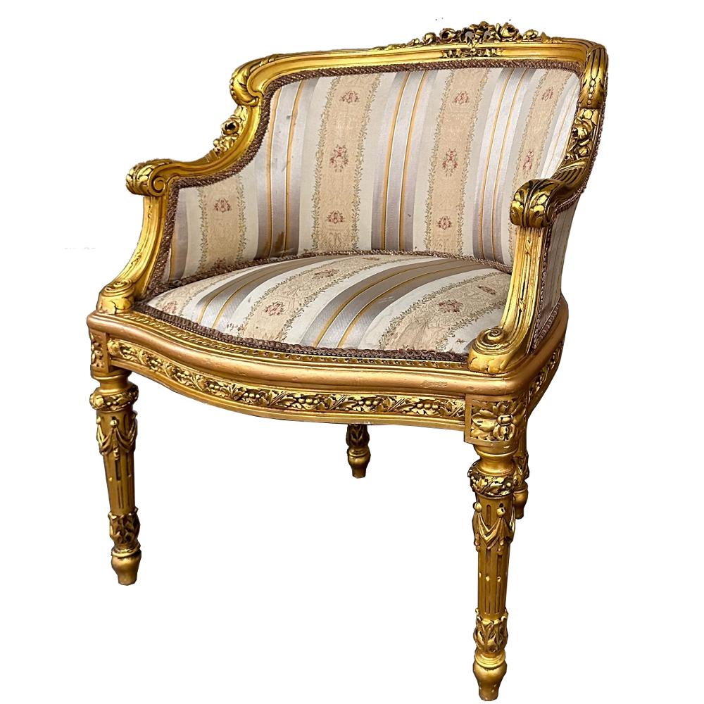 Antique Italian Neoclassical Louis XVI Petite Giltwood Bergeres, Armchairs For Sale 5