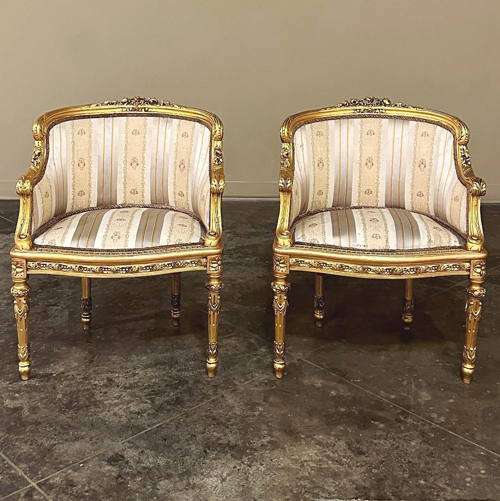 Antique Italian neoclassical Louis XVI Petite Giltwood Bergeres ~ Armchairs are the perfect choice for cozy seating groups, bedrooms, or anywhere a surprisingly comfortable seat with a lot of visual panache is desired! The seatback provides just