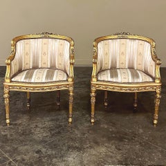 Antique Italian Neoclassical Louis XVI Petite Giltwood Bergeres, Armchairs