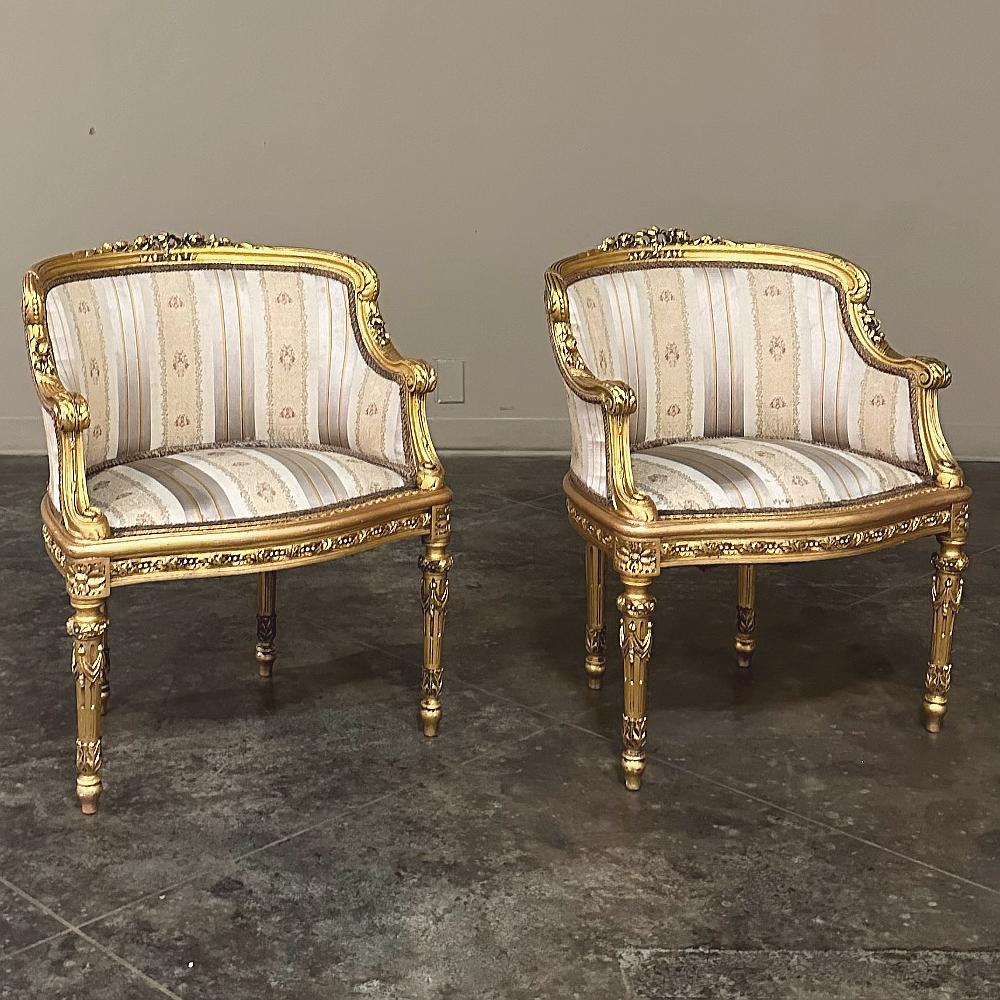 Hand-Carved Antique Italian Neoclassical Louis XVI Petite Giltwood Bergeres, Armchairs For Sale