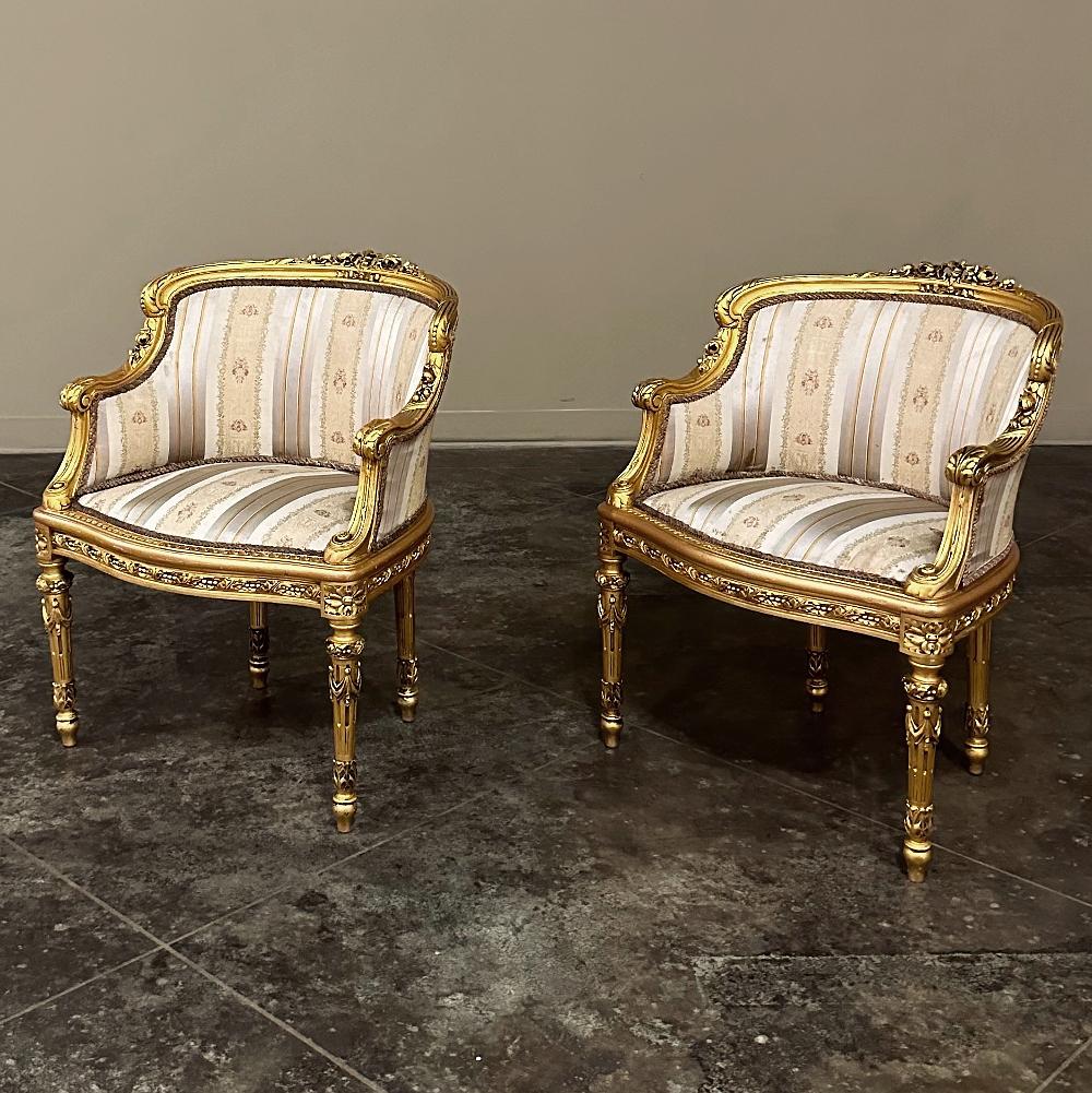 Antique Italian Neoclassical Louis XVI Petite Giltwood Bergeres, Armchairs In Good Condition For Sale In Dallas, TX
