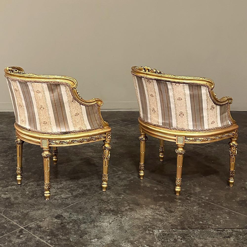 20th Century Antique Italian Neoclassical Louis XVI Petite Giltwood Bergeres, Armchairs For Sale