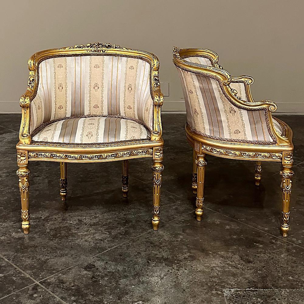 Fabric Antique Italian Neoclassical Louis XVI Petite Giltwood Bergeres, Armchairs For Sale