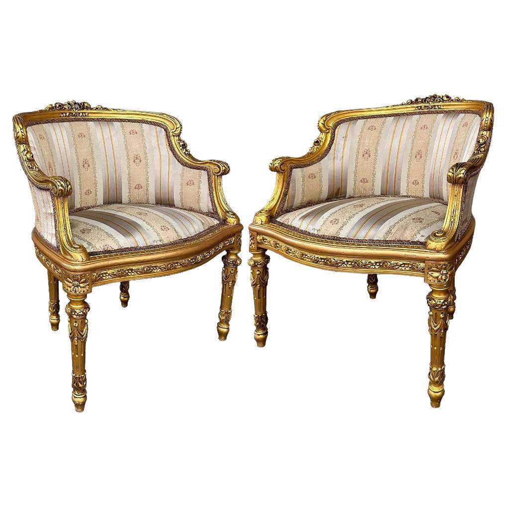 Antique Italian Neoclassical Louis XVI Petite Giltwood Bergeres, Armchairs For Sale