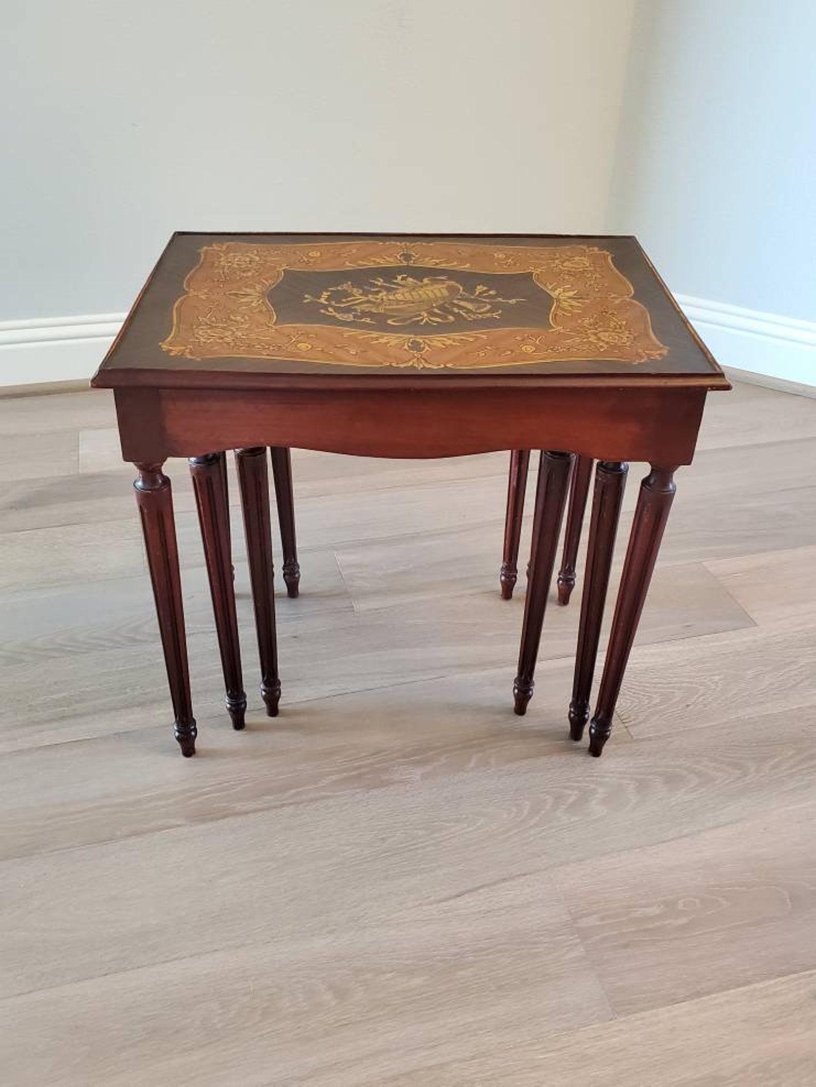 Antique Italian Neoclassical Mahogany Marquetry Nesting Tables 1