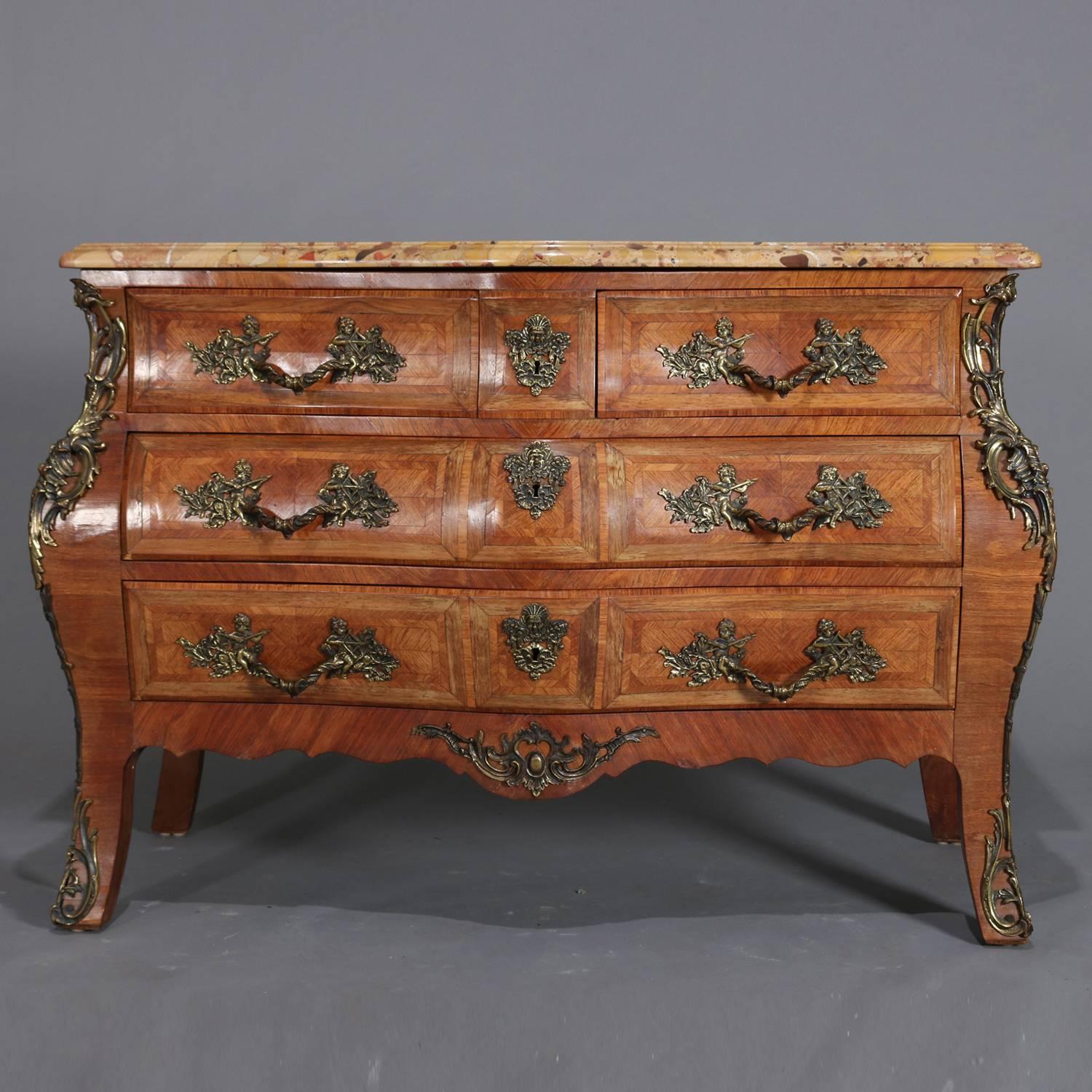 Antique Italian neoclassical kingwood dresser features bombe form with shaped marble top over bookmatched and inlaid drawers and case, cast bronze foilate mounts throughout and with figural cherub pulls, raised on tapered cabriole legs, circa