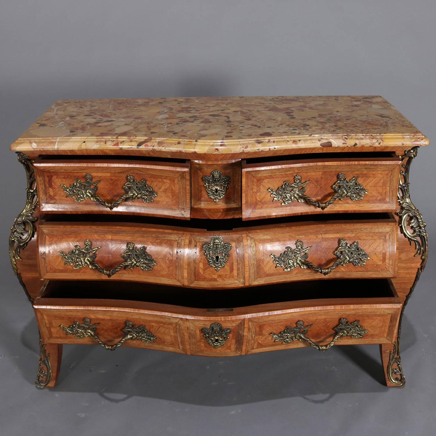 Louis XIV Antique Italian Neoclassical Marble-Top Inlaid Kingwood Bombe Dresser circa 1890