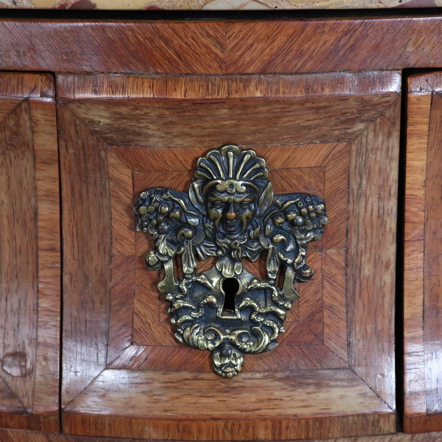 Cast Antique Italian Neoclassical Marble-Top Inlaid Kingwood Bombe Dresser circa 1890
