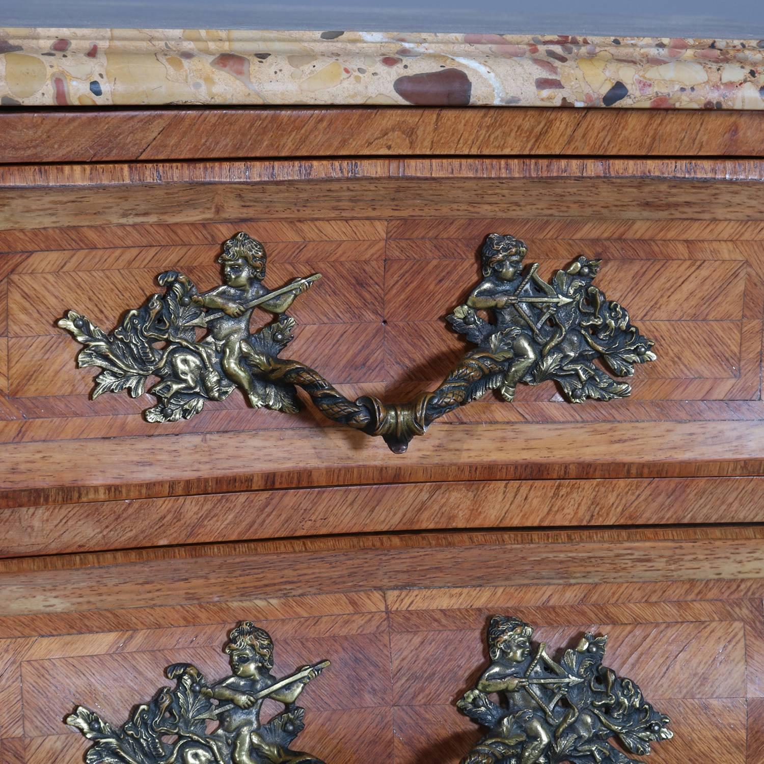 Antique Italian Neoclassical Marble-Top Inlaid Kingwood Bombe Dresser circa 1890 In Good Condition In Big Flats, NY