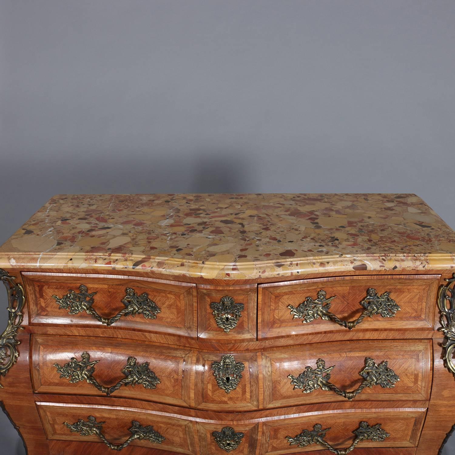 19th Century Antique Italian Neoclassical Marble-Top Inlaid Kingwood Bombe Dresser circa 1890