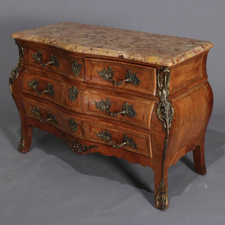 Antique Italian Neoclassical MarbleTop Inlaid Kingwood Bombe Dresser
