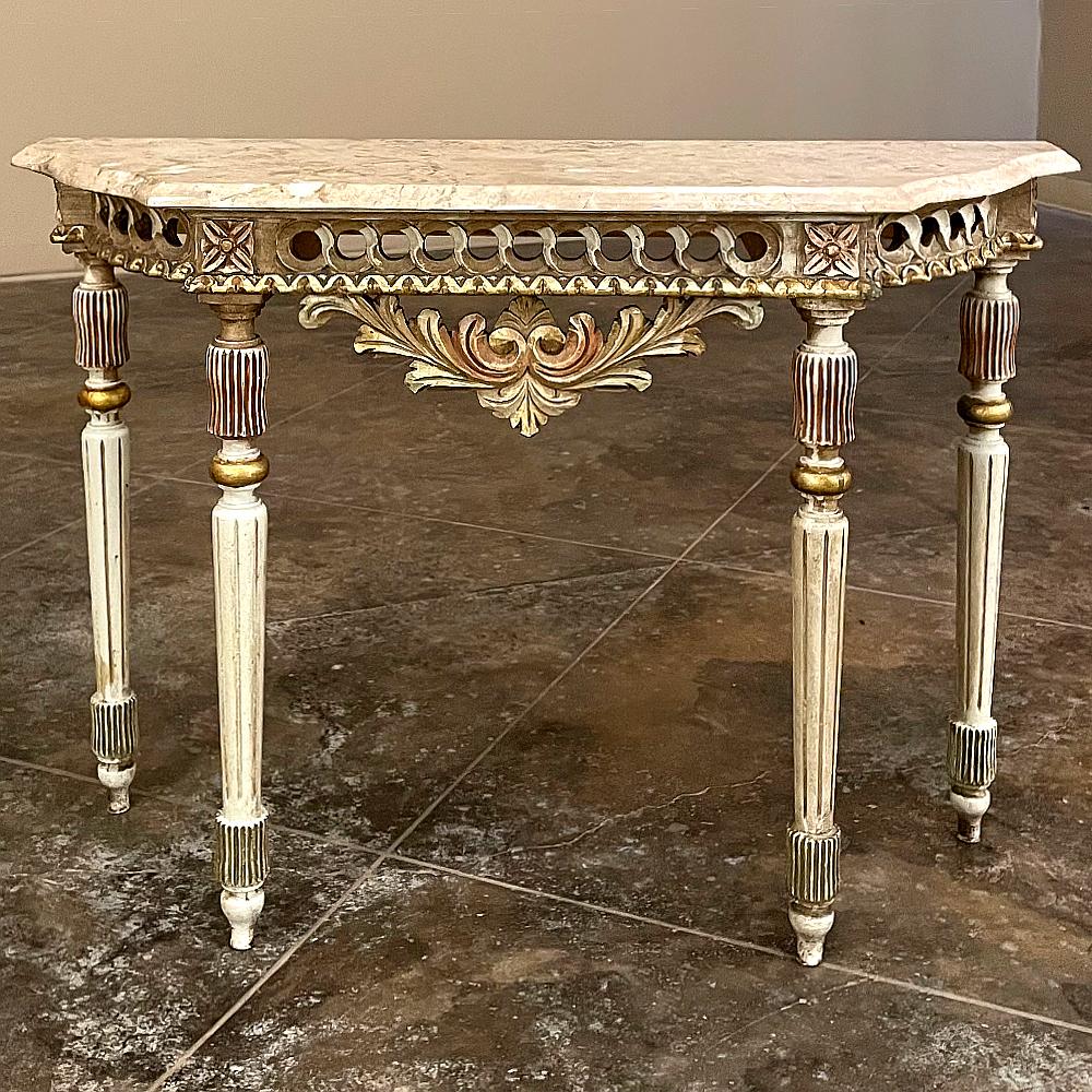 Antique Italian Neoclassical Painted Console with travertine top will make a timeless accent to any room, especially foyers, hallways, stairwell landings, or anywhere a minimal footprint is desired! Having four legs for support even makes it a great