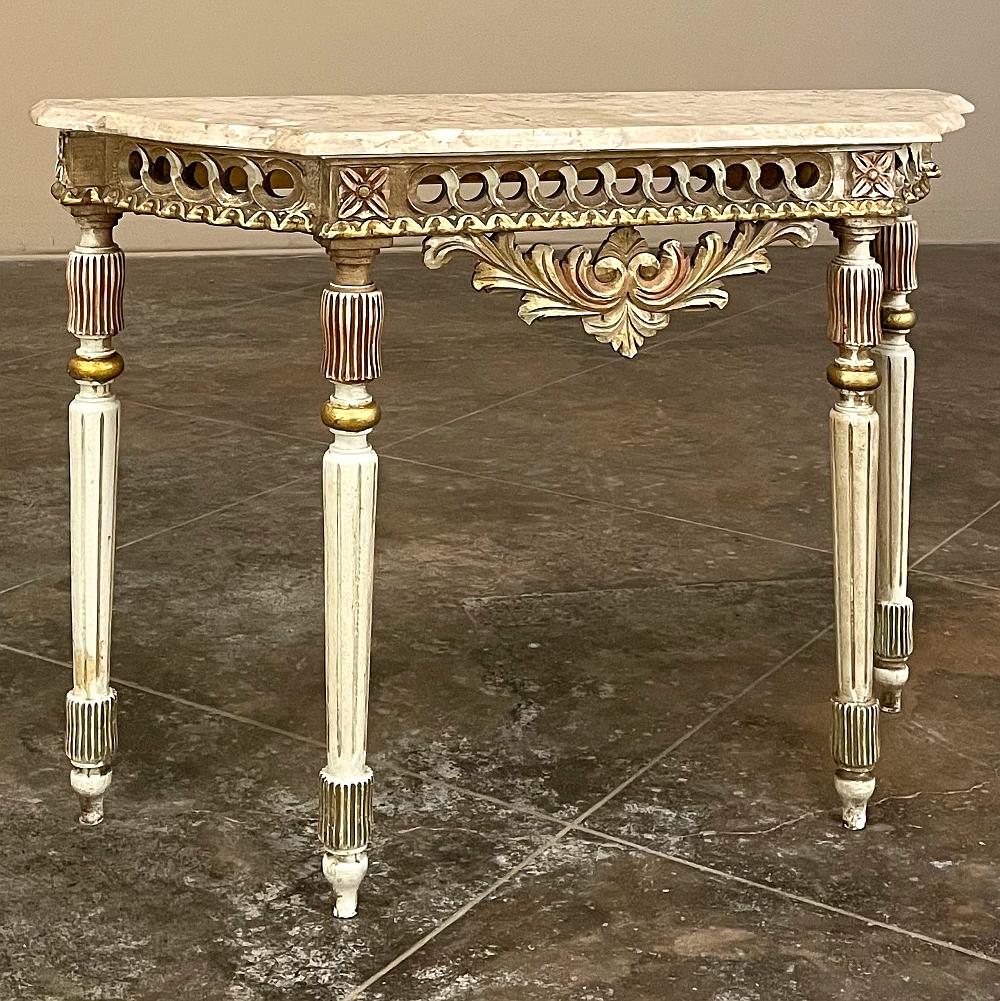 Hand-Carved Antique Italian Neoclassical Painted Console with Travertine Top For Sale