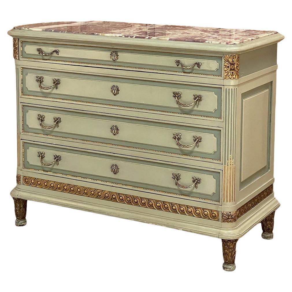 Antique Marble Topped Hardwood Dresser with Neoclassical Marquetry For