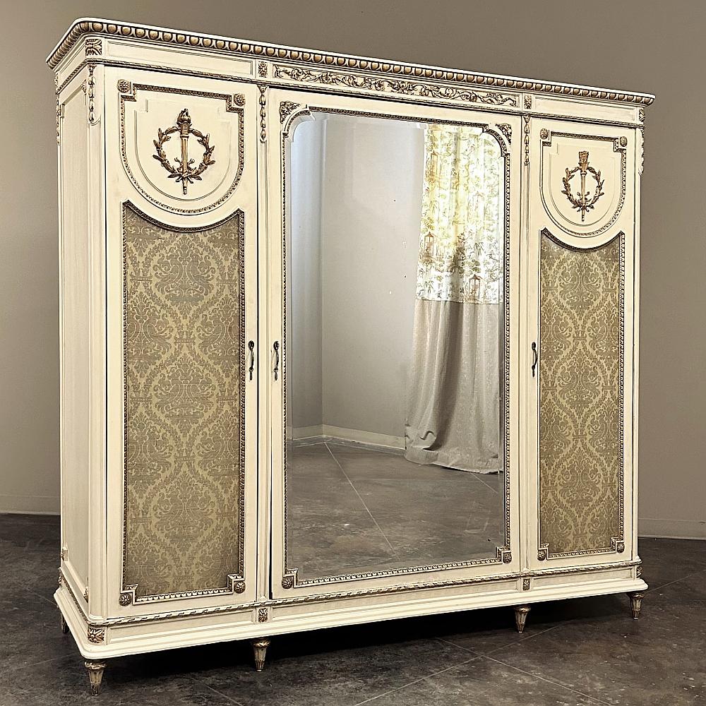 Beveled Antique Italian Neoclassical Painted Triple Armoire For Sale