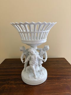 Antique Italian Neoclassical Porcelain Reticulated Basket on Pedestal with Putti
