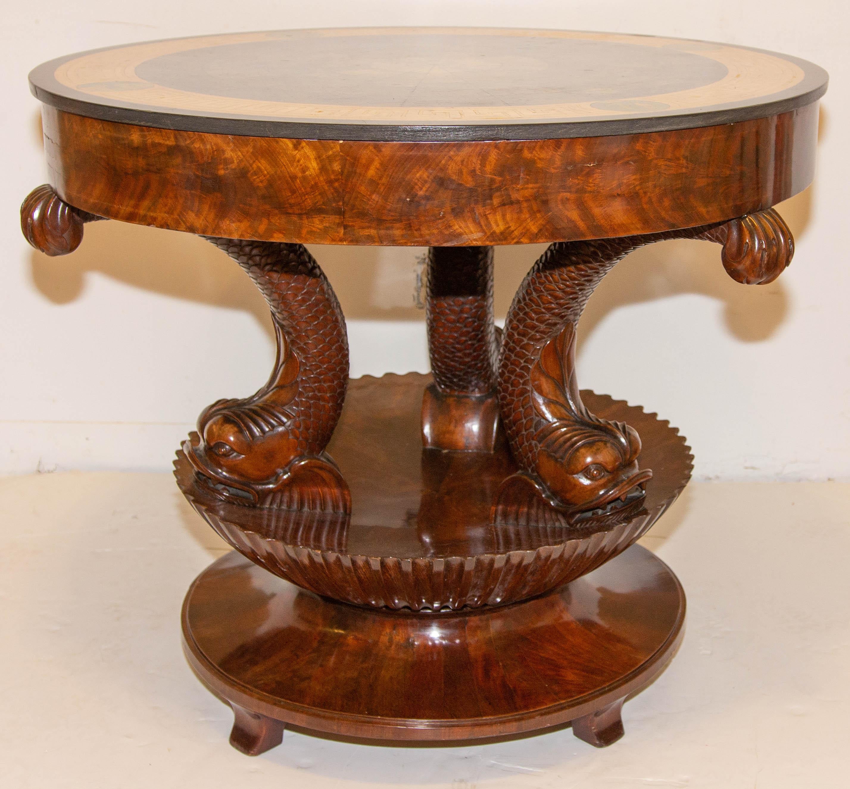 19th Century Antique Italian Neoclassical Sgagliola Table with Carved Dolphin Base circa 1810 For Sale