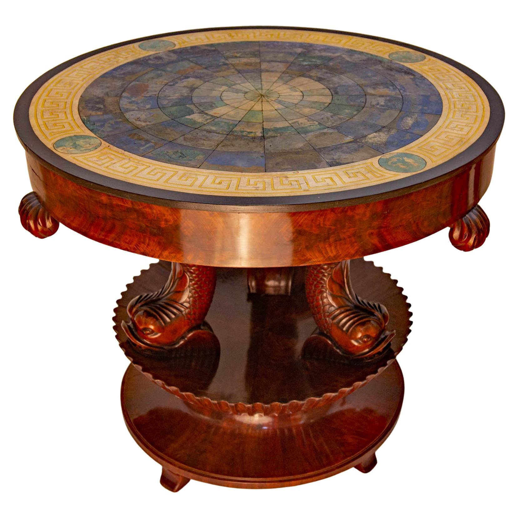 Antique Italian Neoclassical Sgagliola Table with Carved Dolphin Base circa 1810 For Sale