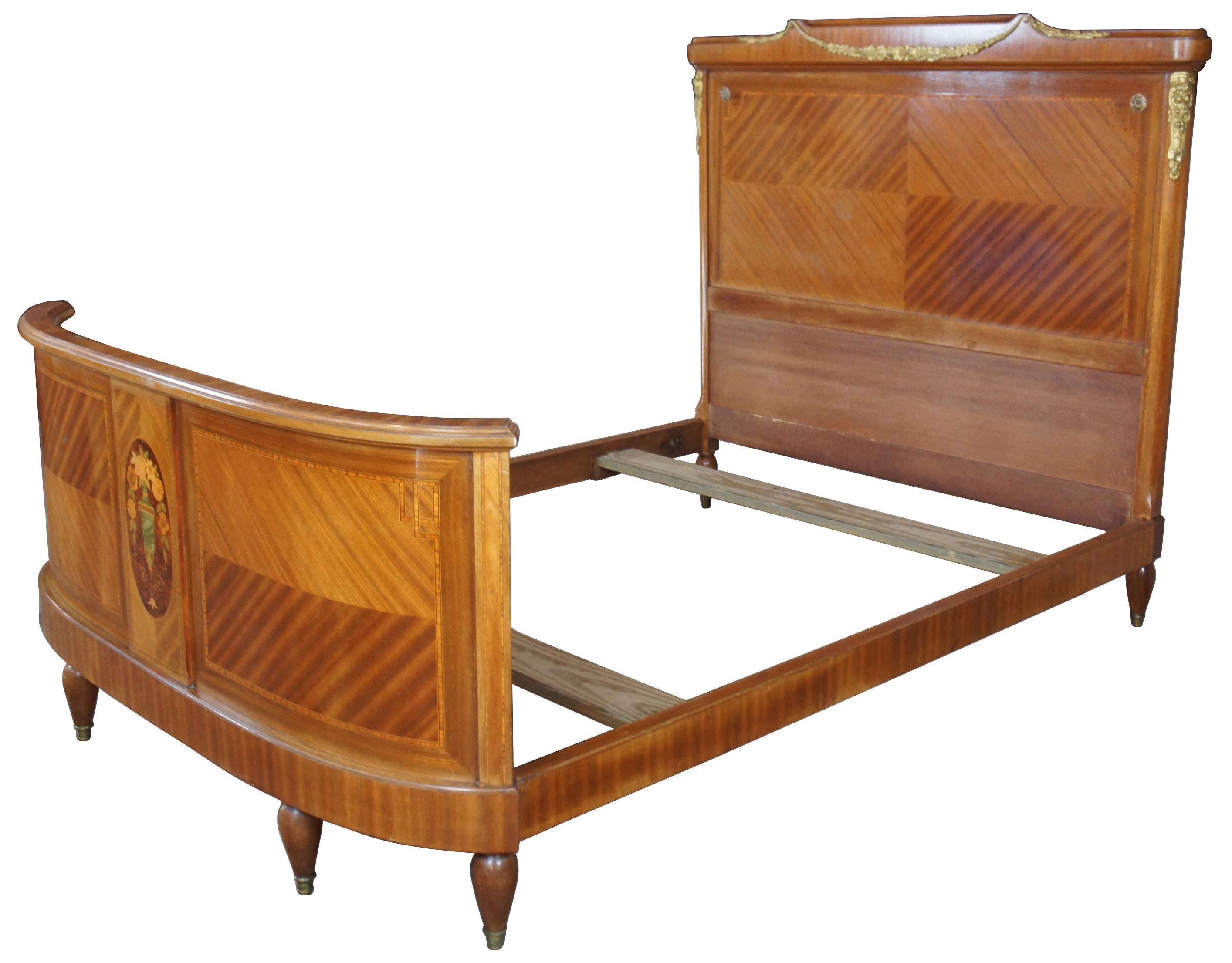 19th century Italian neoclassical full size bed. Made from walnut with bookmatched veneer in a diamond pattern, burled accents and inlay. Features a curved front supported by four pegged legs and a high back with gilt bronze mounts. This exquisite