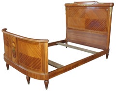 Antique Italian Neoclassical Walnut Inlaid Marquetry Burl Ornate Curved Full Bed