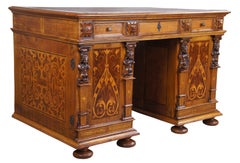 Antique Italian Neoclassical Walnut Marquetry Figural Writing Desk Library Table