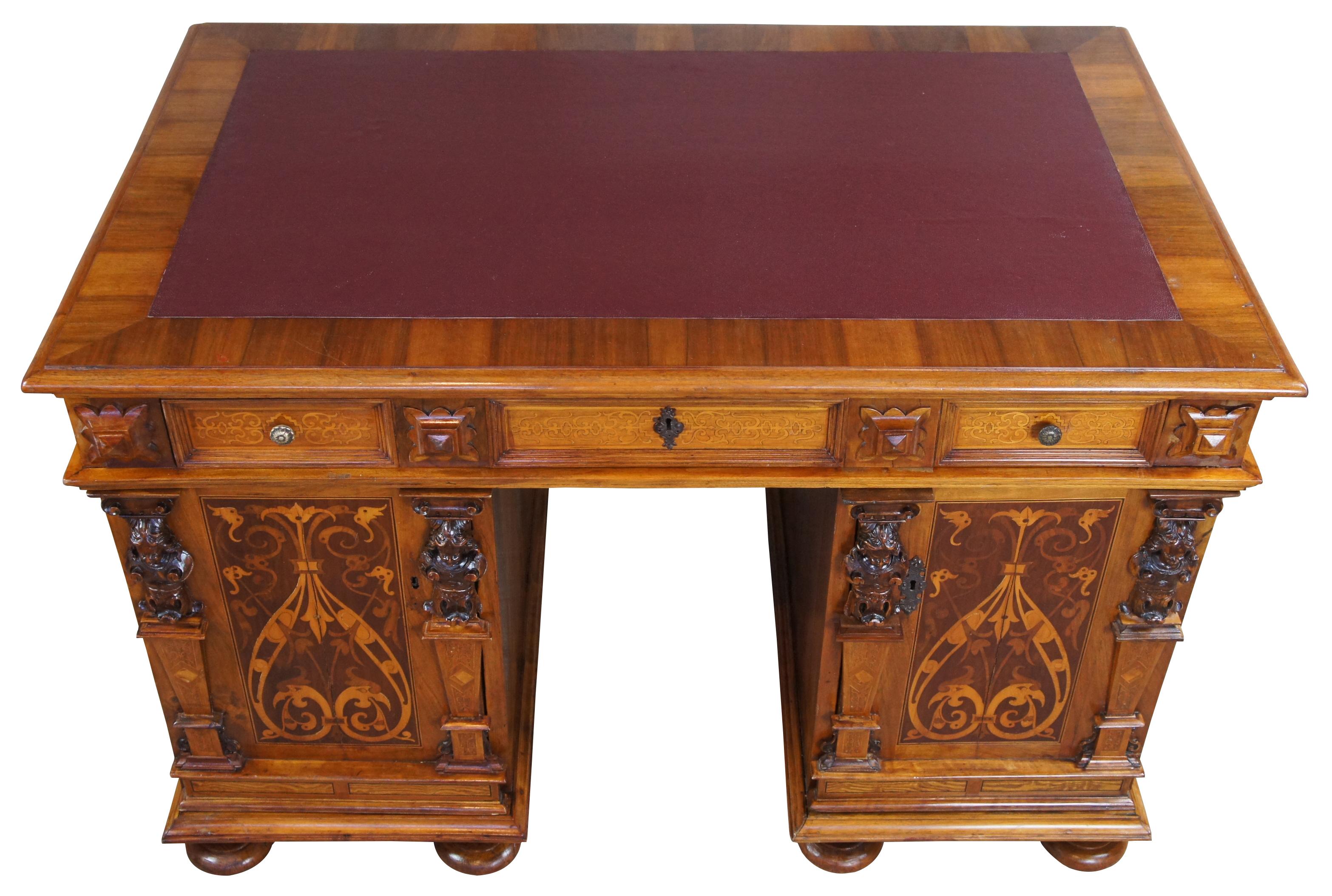 Antique Italian Neoclassical Walnut Marquetry Figural Writing Desk Library Table In Good Condition In Dayton, OH