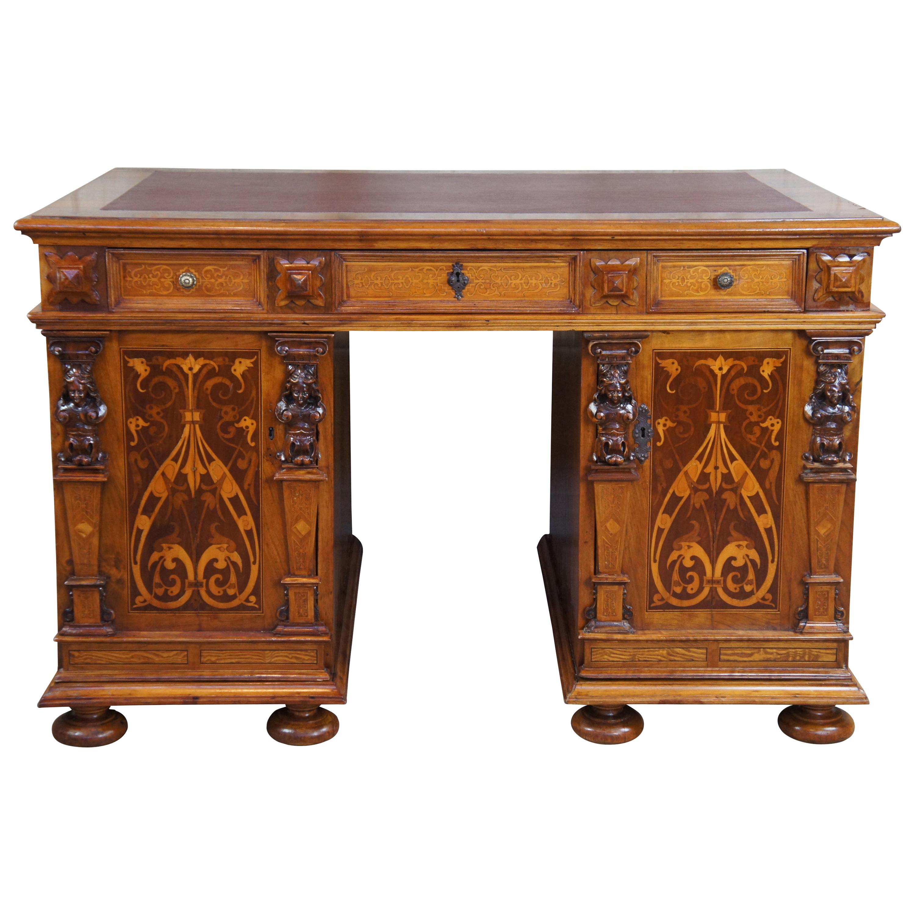Antique Italian Neoclassical Walnut Marquetry Figural Writing Desk Library Table