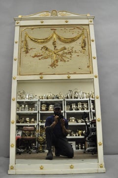 Antique Italian Neoclassical White Distress Painted Gold Gilt 72" Trumeau Mirror
