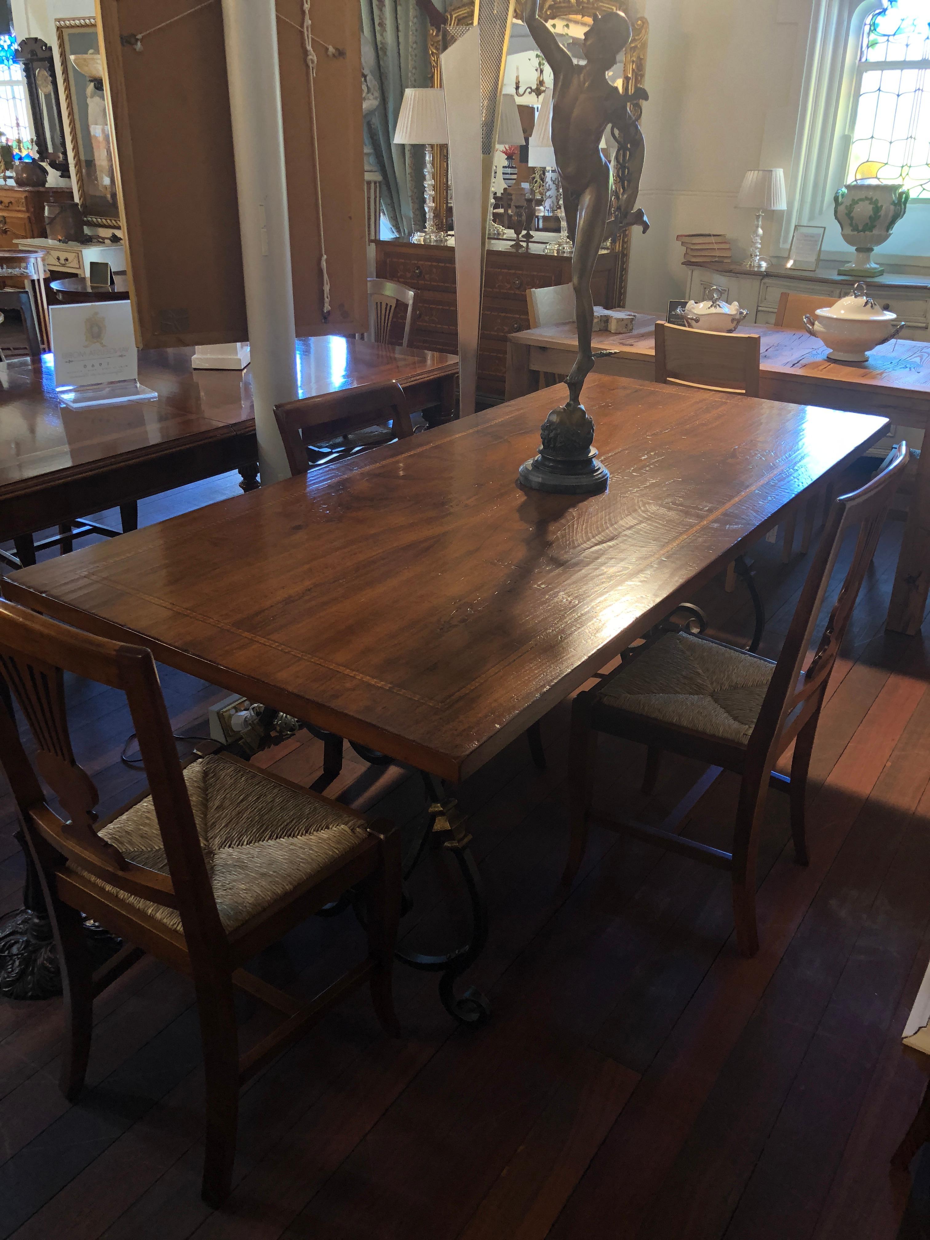 Rustic Antique Italian Oak, Diamond Parquetry and Iron Dining Table For Sale