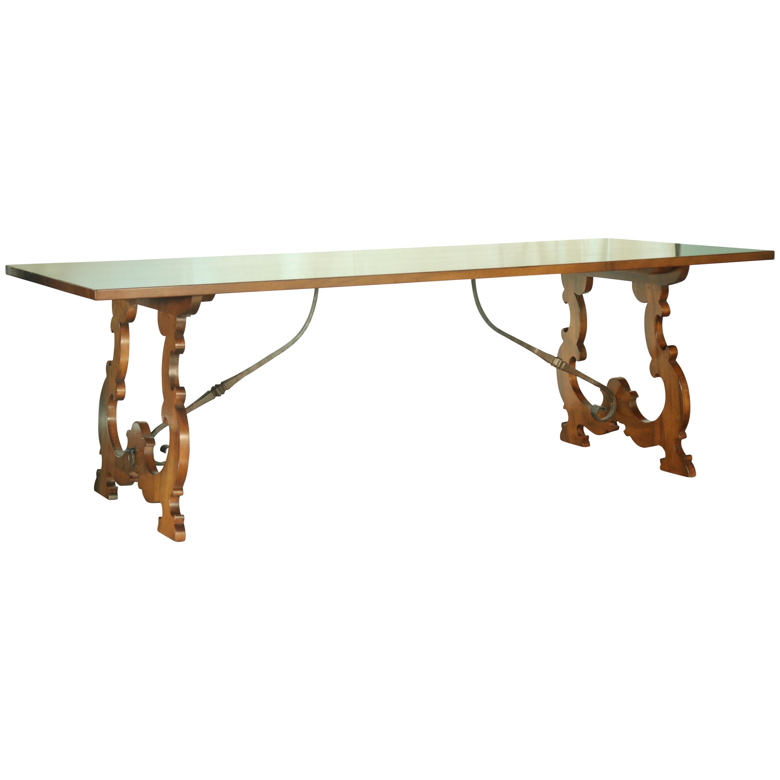 Antique Italian Oak, Diamond Parquetry and Iron Dining Table For Sale