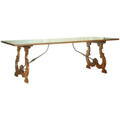 Antique Italian Oak, Diamond Parquetry and Iron Dining Table