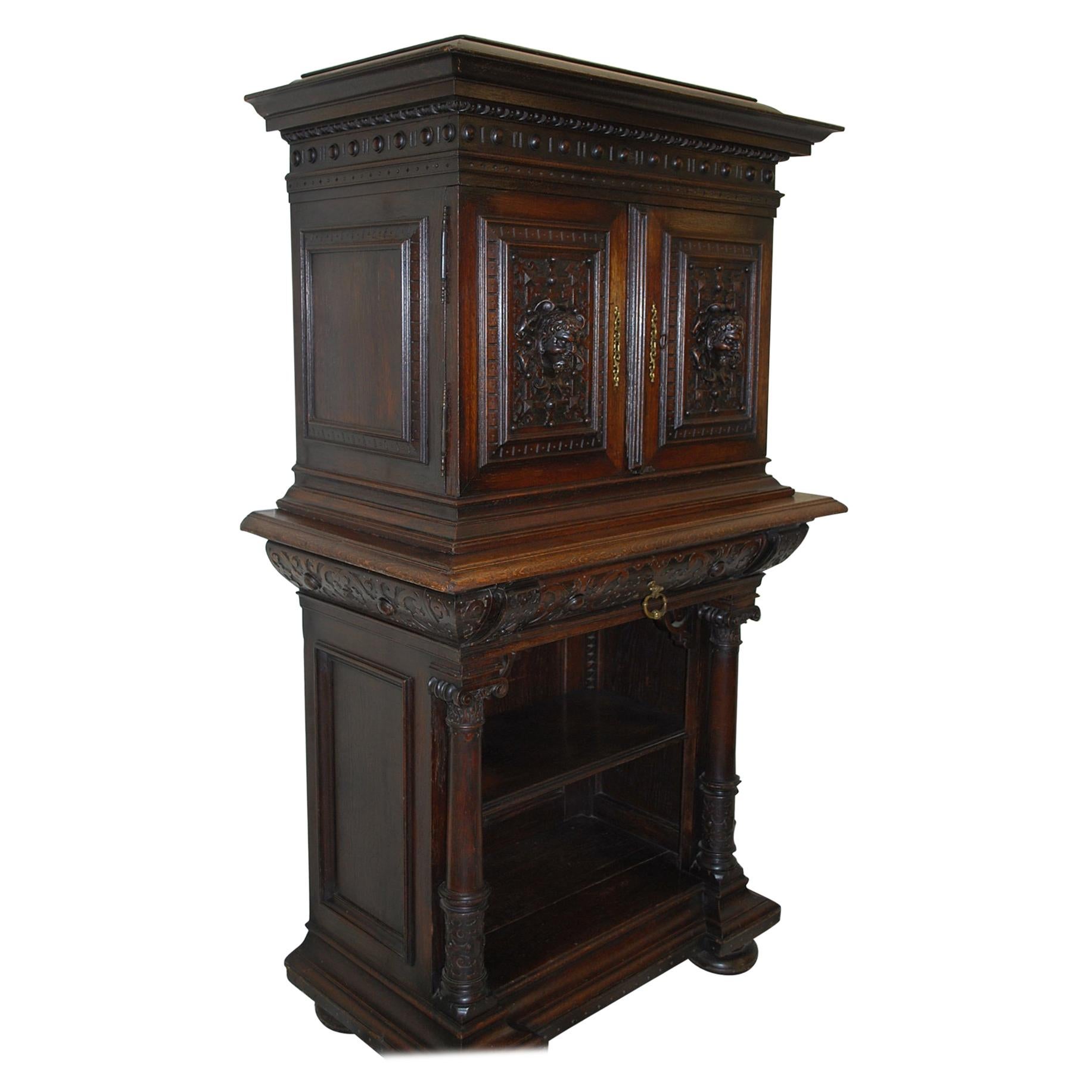 Antique Italian Oak Renaissance Revival Collectors Cabinet on Stand For Sale