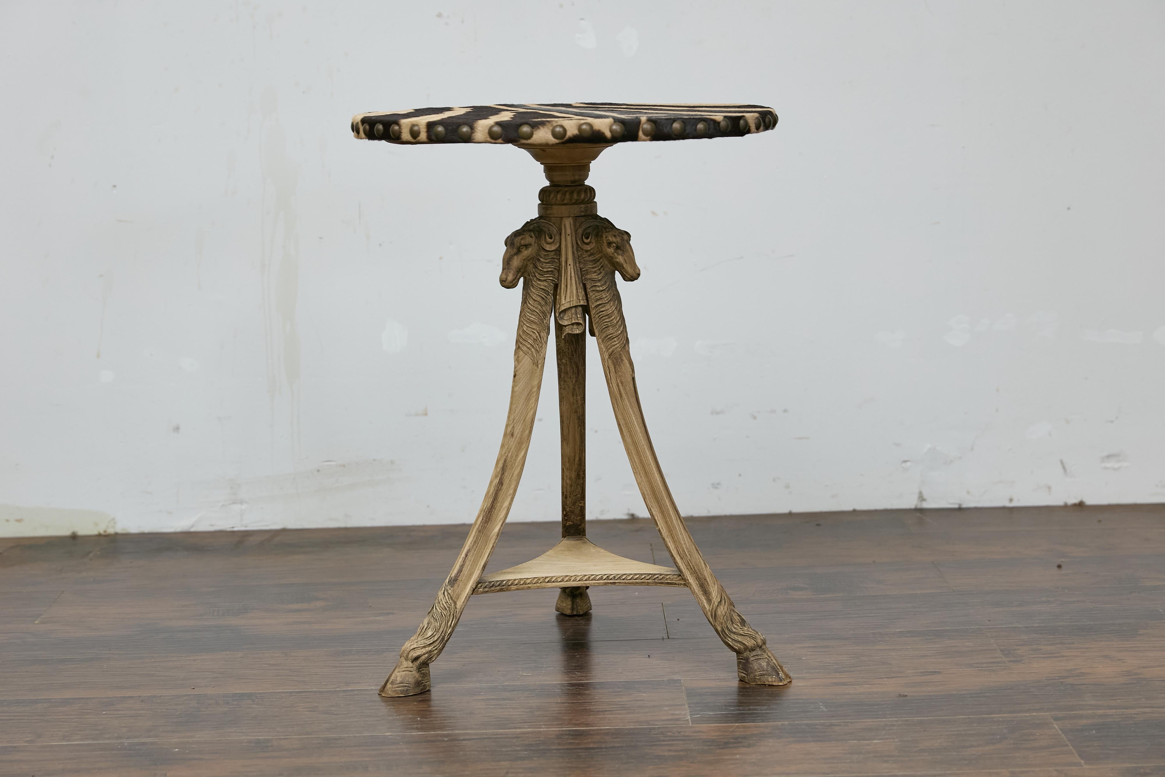 Antique Italian Oak Tripod Table with Zebra Hide Top and Ram’s Head Carvings 5