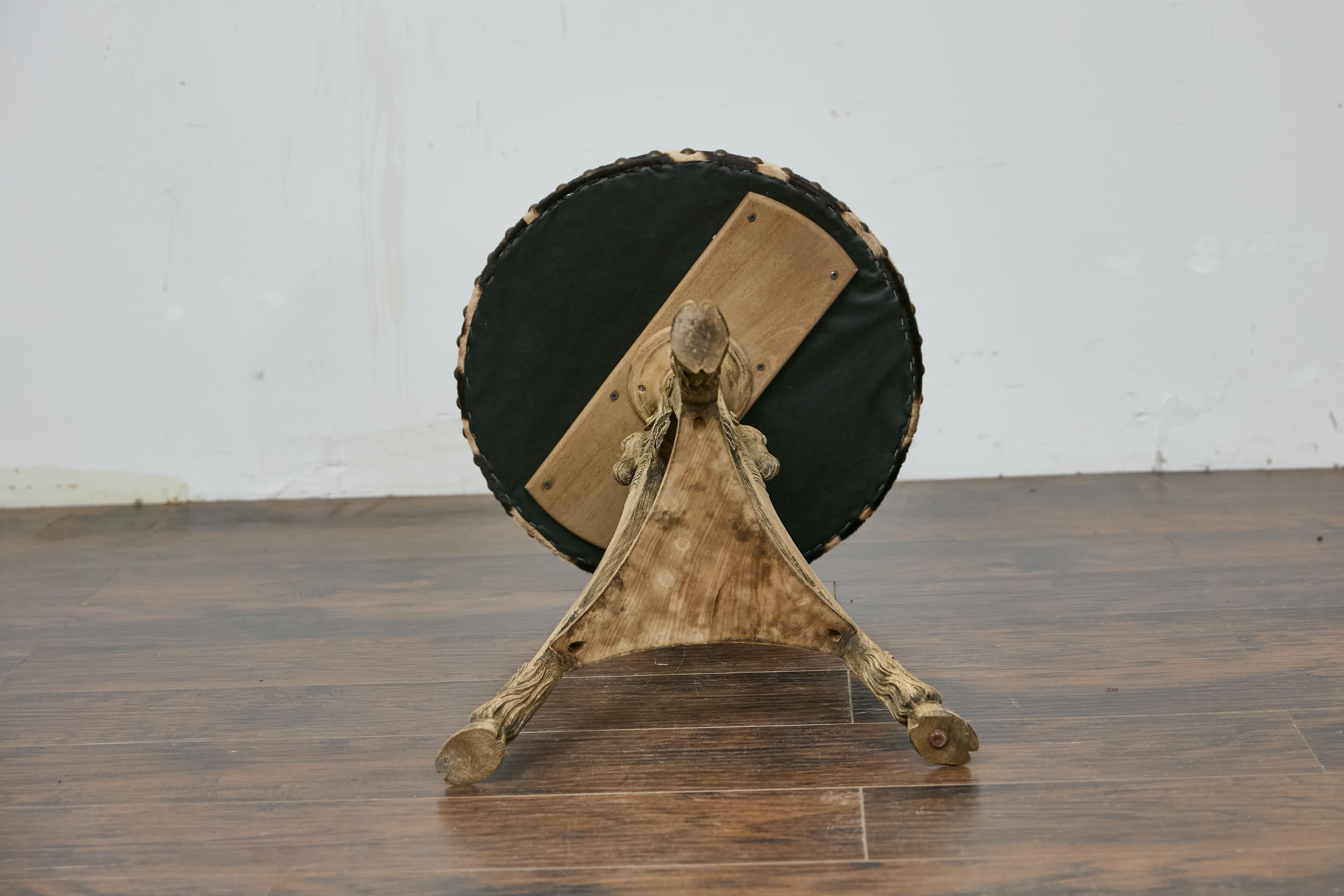Antique Italian Oak Tripod Table with Zebra Hide Top and Ram’s Head Carvings 6