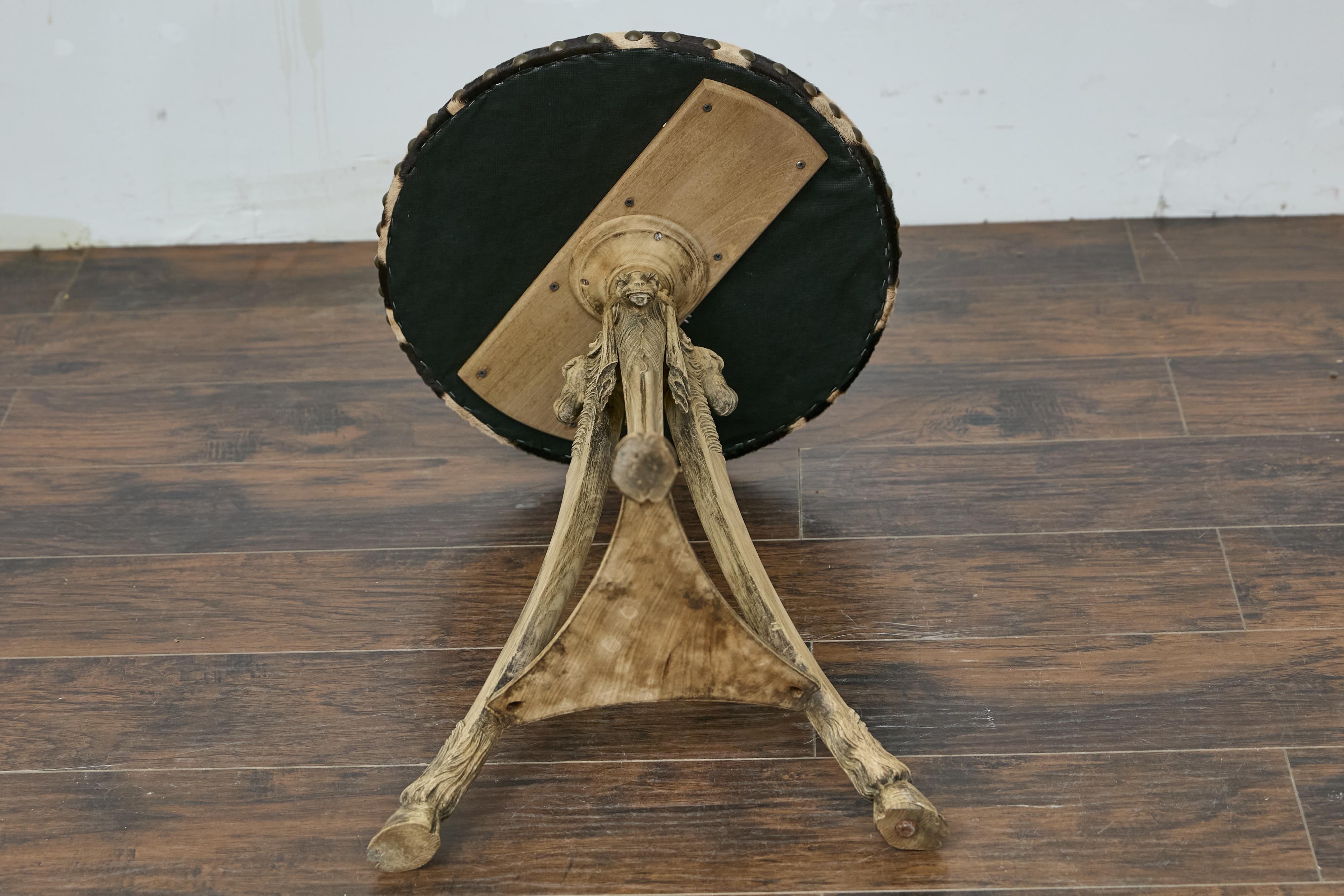 Antique Italian Oak Tripod Table with Zebra Hide Top and Ram’s Head Carvings 7