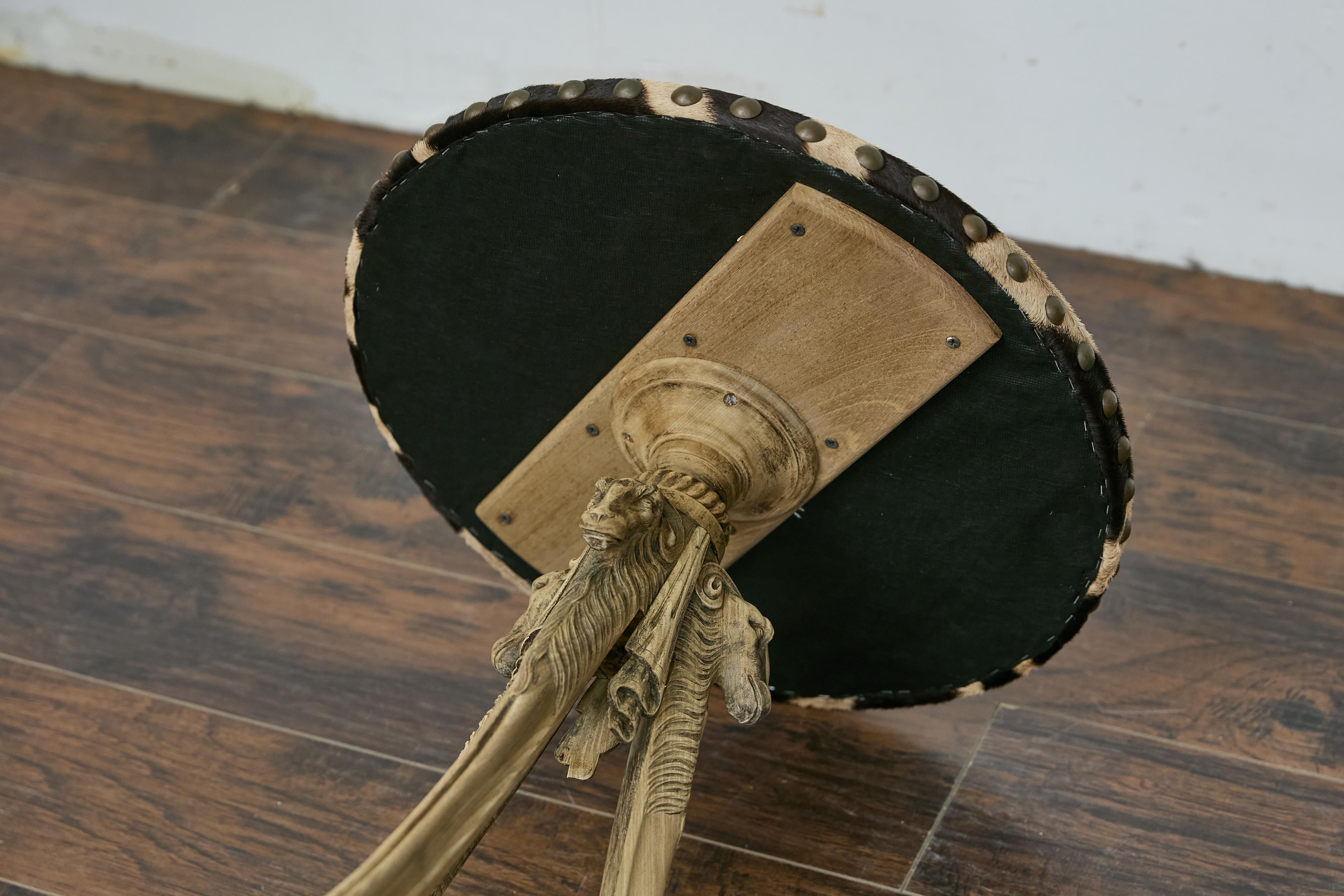 Antique Italian Oak Tripod Table with Zebra Hide Top and Ram’s Head Carvings 8