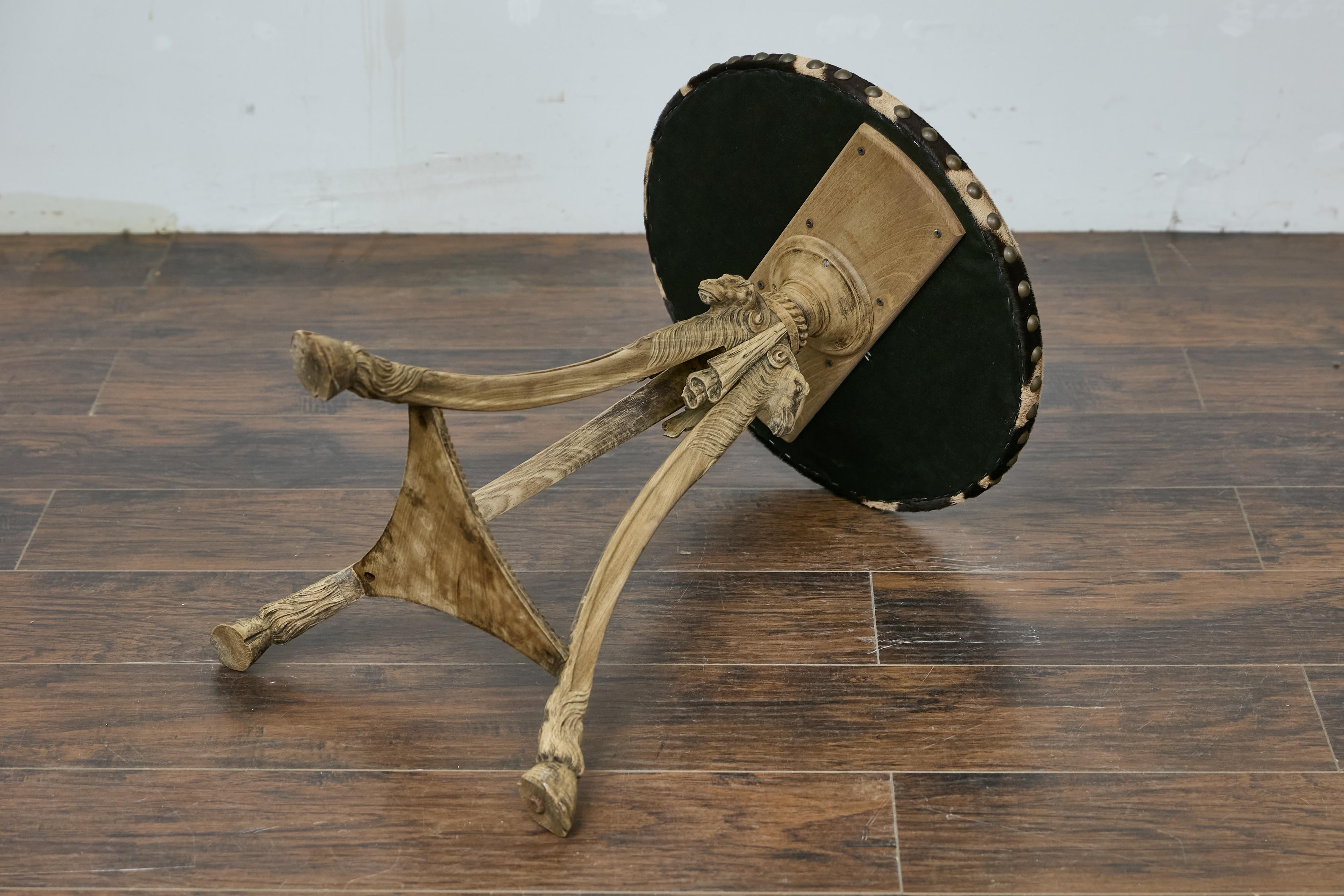 Antique Italian Oak Tripod Table with Zebra Hide Top and Ram’s Head Carvings 9