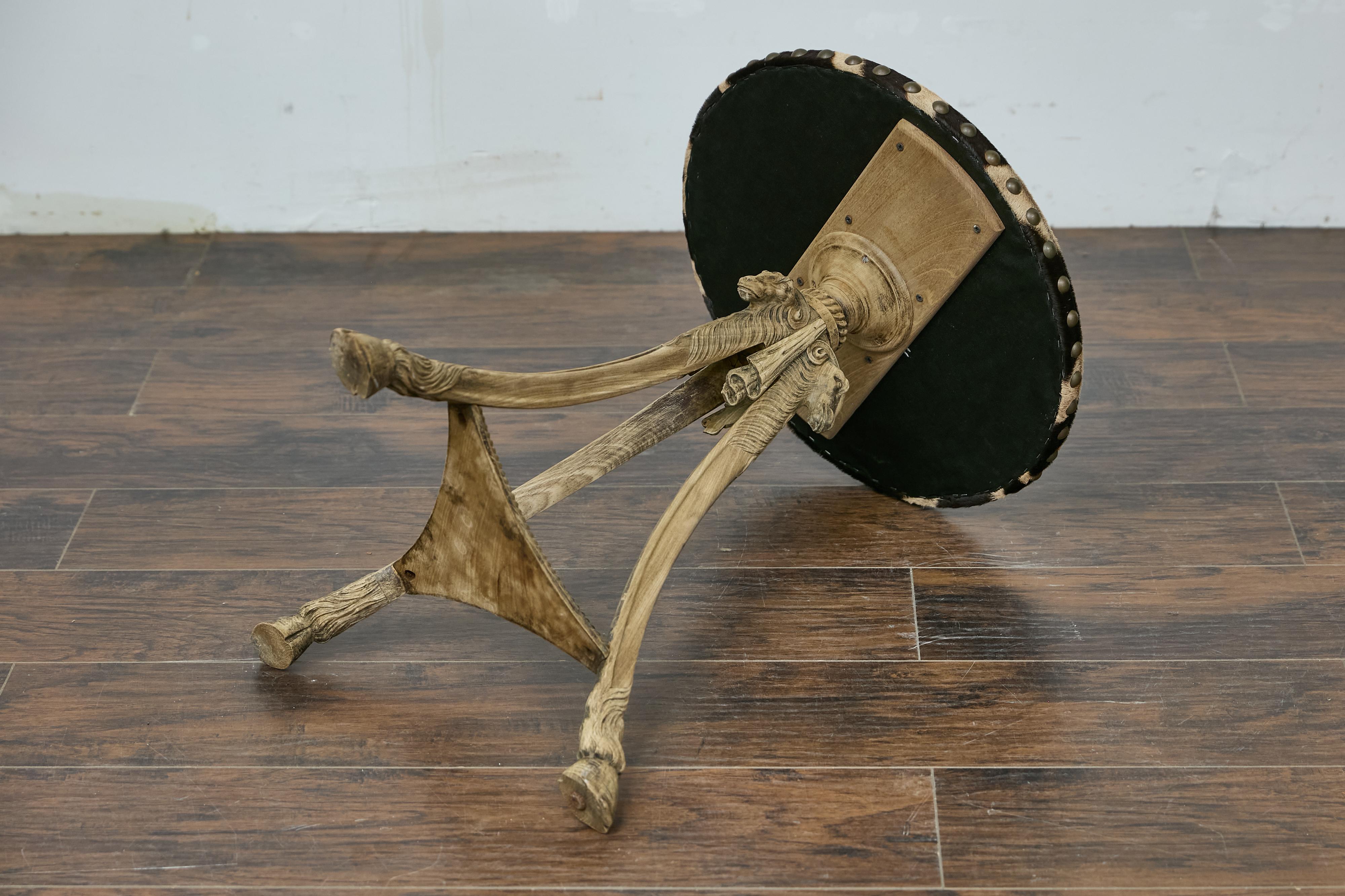 Antique Italian Oak Tripod Table with Zebra Hide Top and Ram’s Head Carvings 10