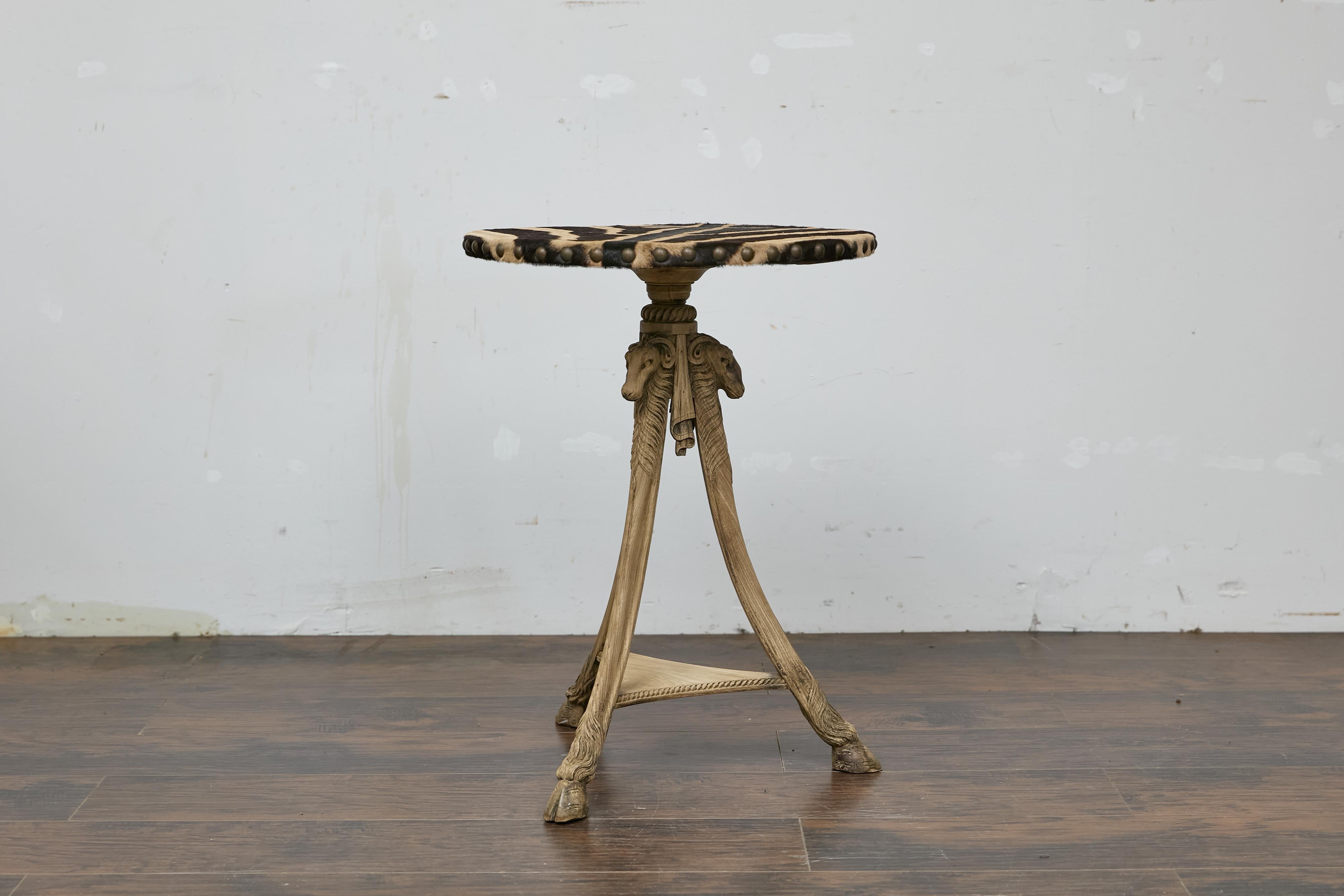 Antique Italian Oak Tripod Table with Zebra Hide Top and Ram’s Head Carvings 13
