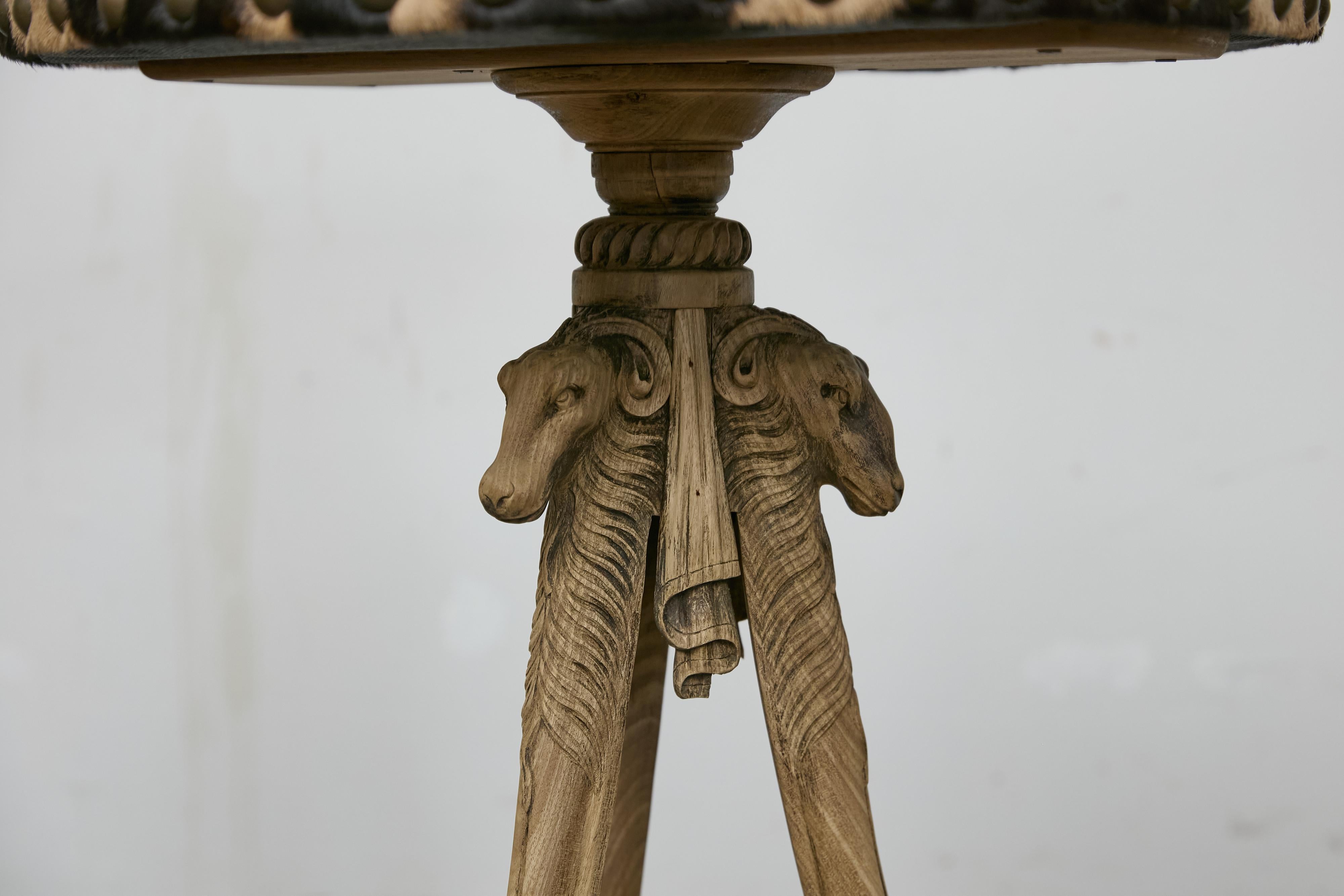 Antique Italian Oak Tripod Table with Zebra Hide Top and Ram’s Head Carvings In Good Condition In Atlanta, GA