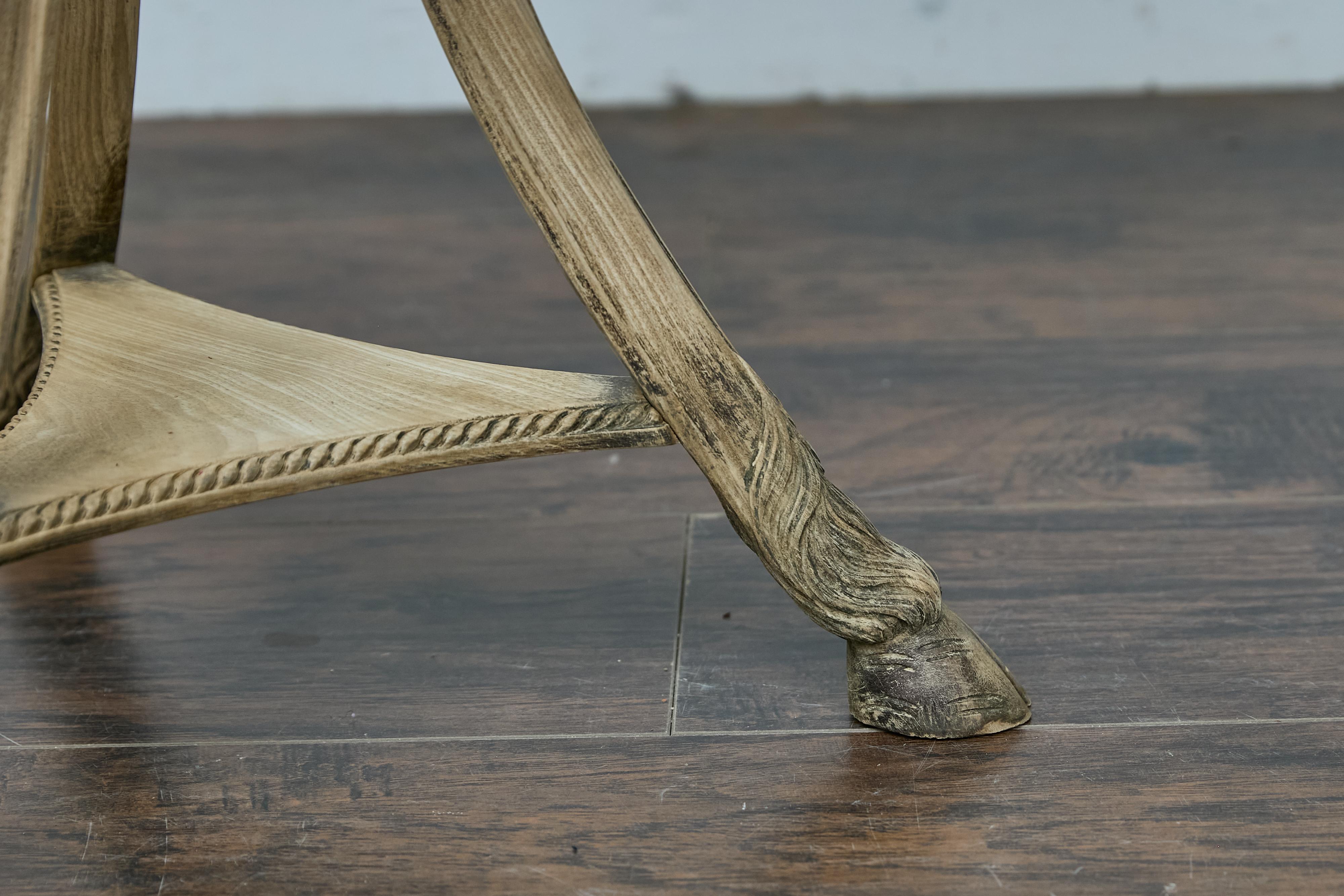 20th Century Antique Italian Oak Tripod Table with Zebra Hide Top and Ram’s Head Carvings