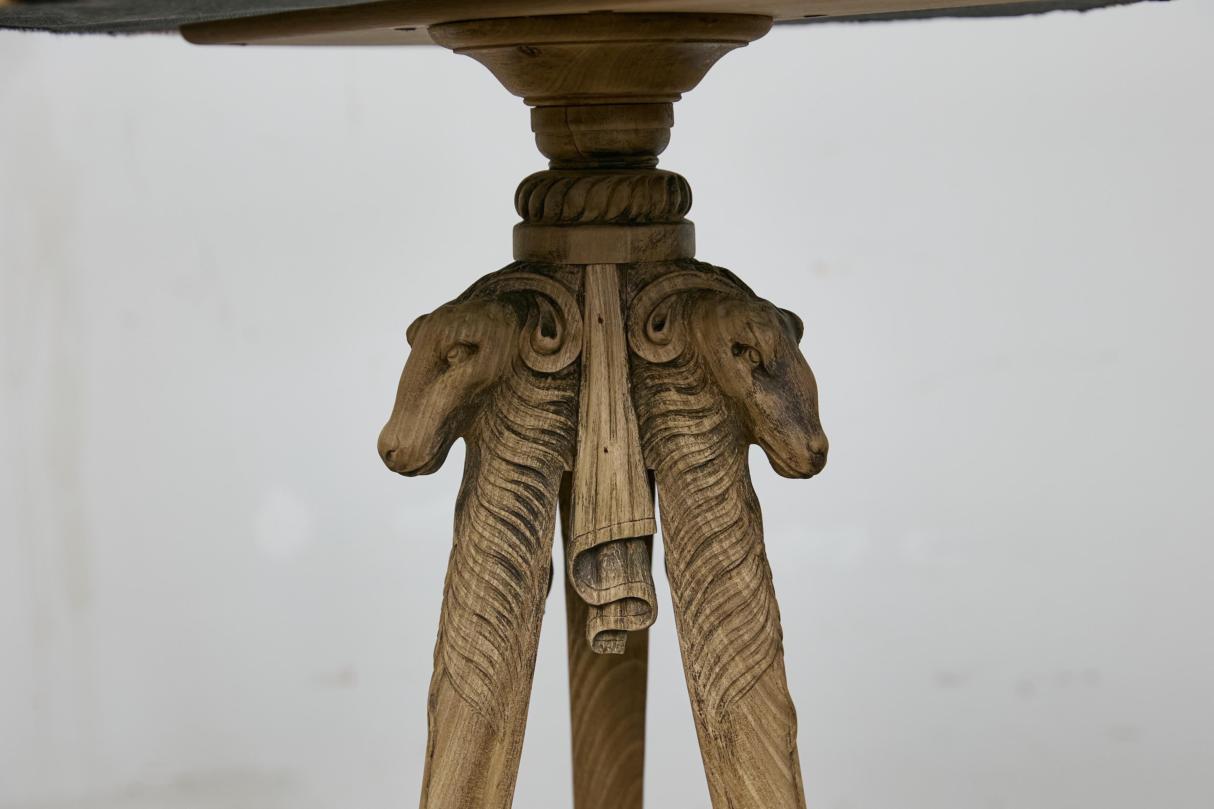 Antique Italian Oak Tripod Table with Zebra Hide Top and Ram’s Head Carvings 2