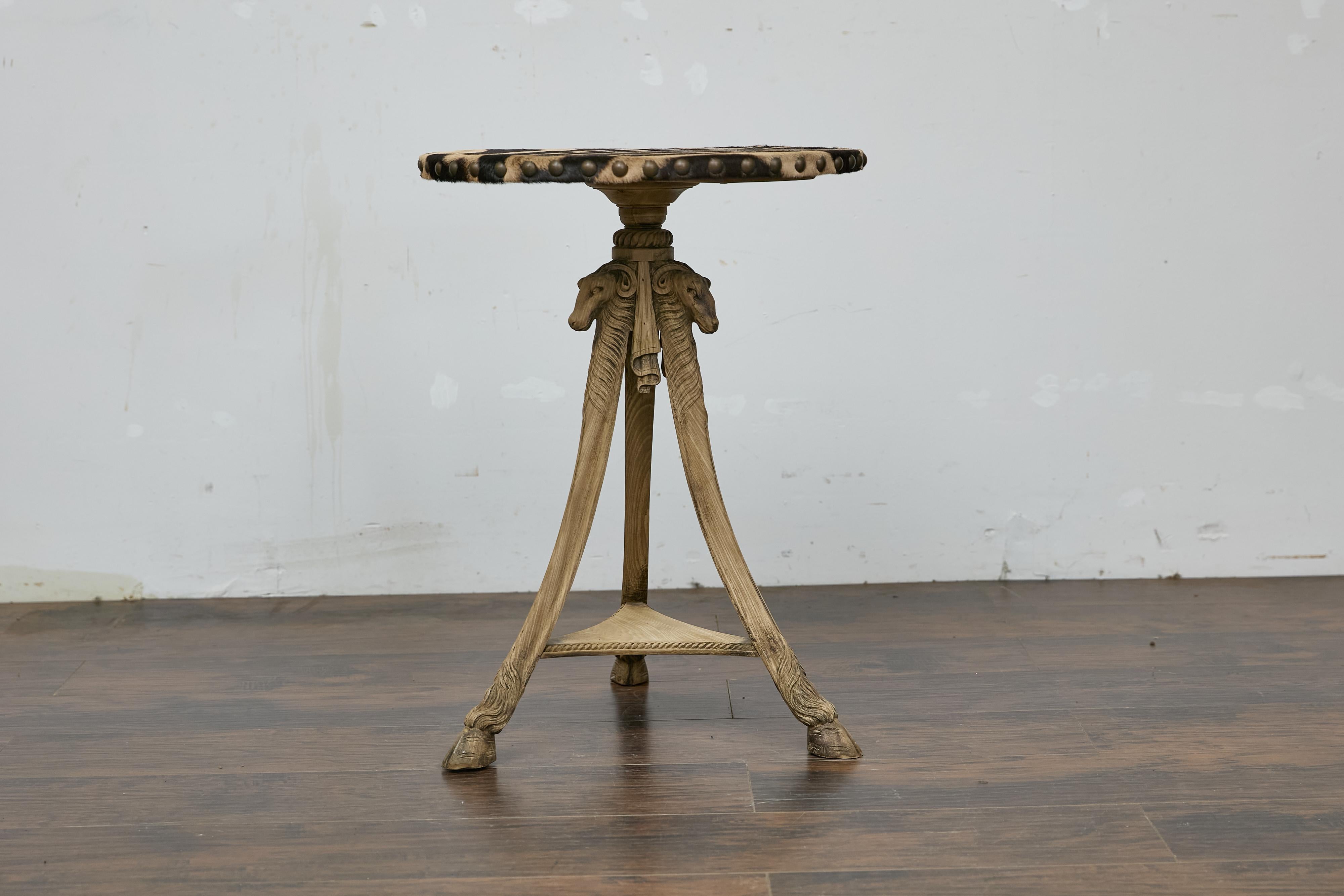 Antique Italian Oak Tripod Table with Zebra Hide Top and Ram’s Head Carvings 3