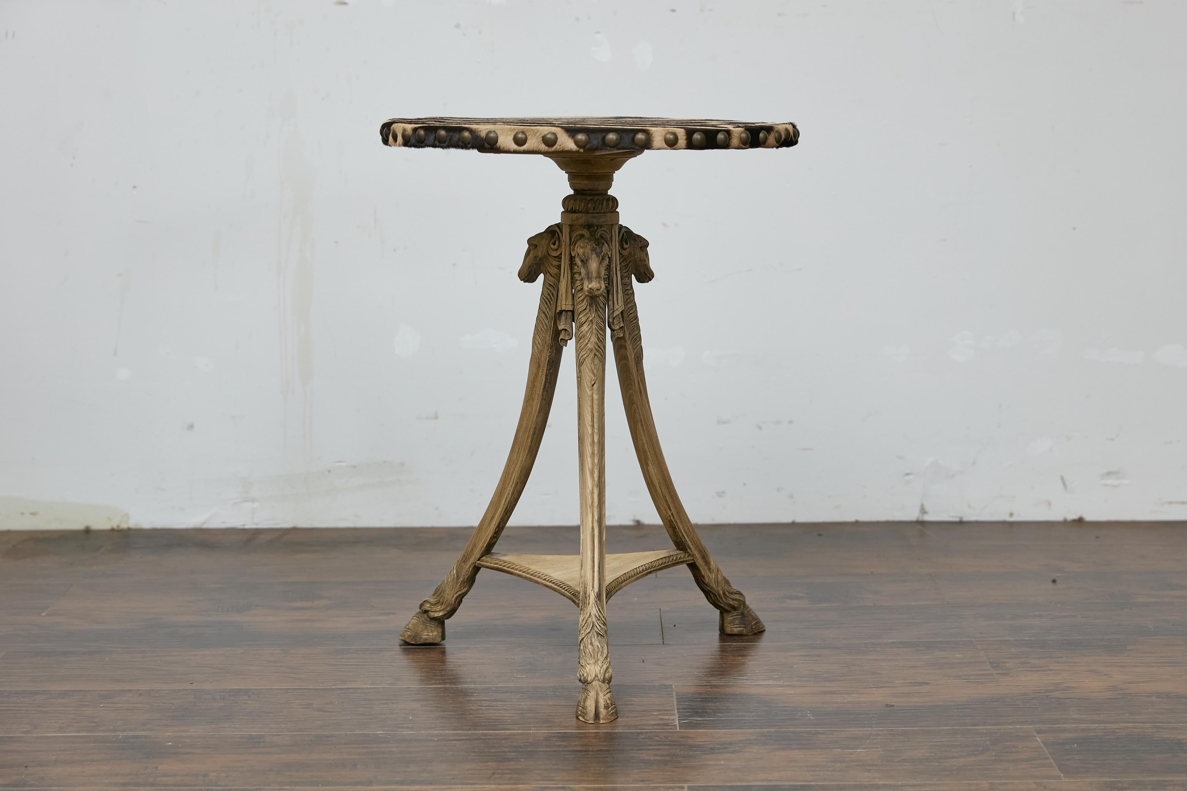 Antique Italian Oak Tripod Table with Zebra Hide Top and Ram’s Head Carvings 4