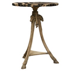 Antique Italian Oak Tripod Table with Zebra Hide Top and Ram’s Head Carvings