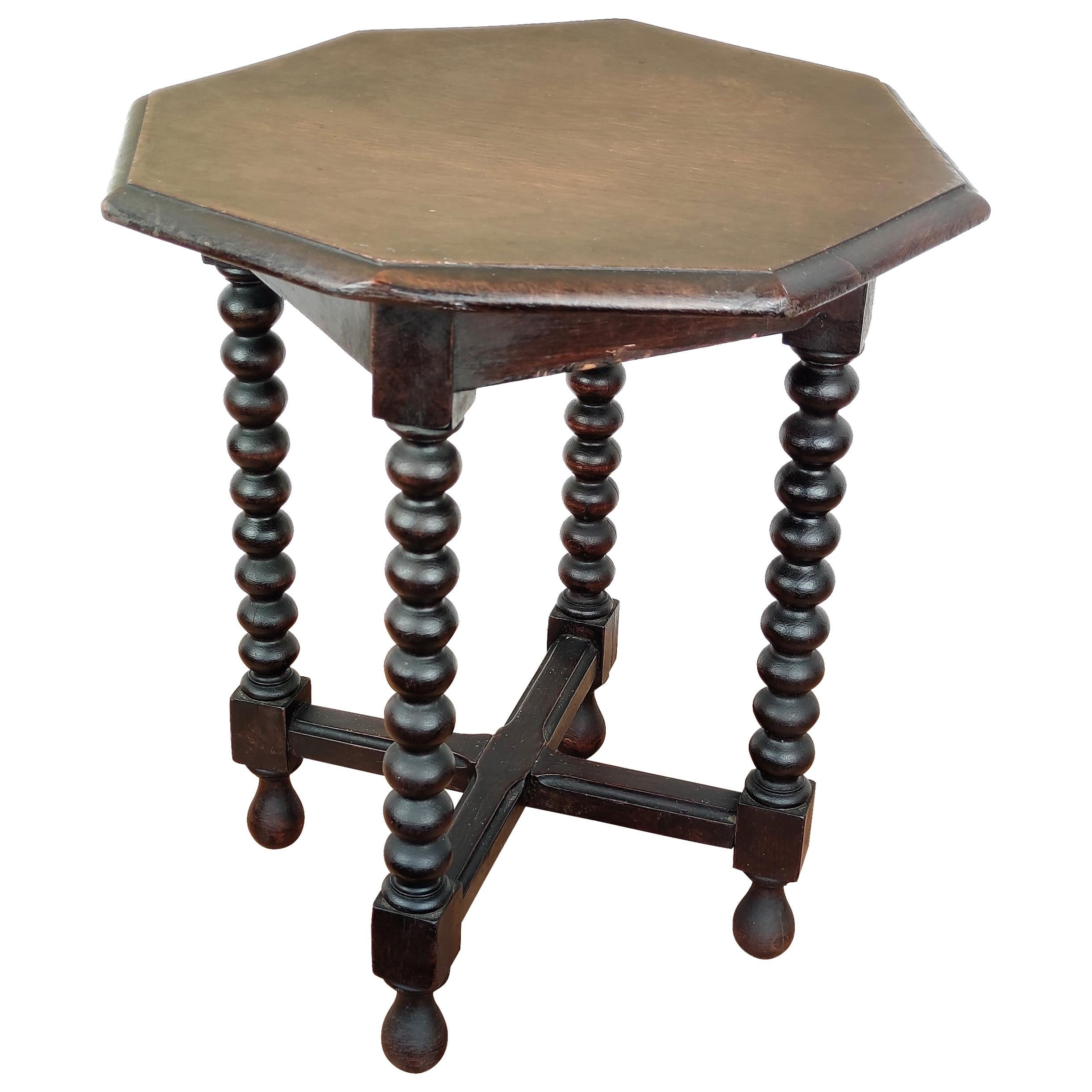 Antique Italian Octagonal Walnut Side Table or Stool with Bobbin Turned Legs