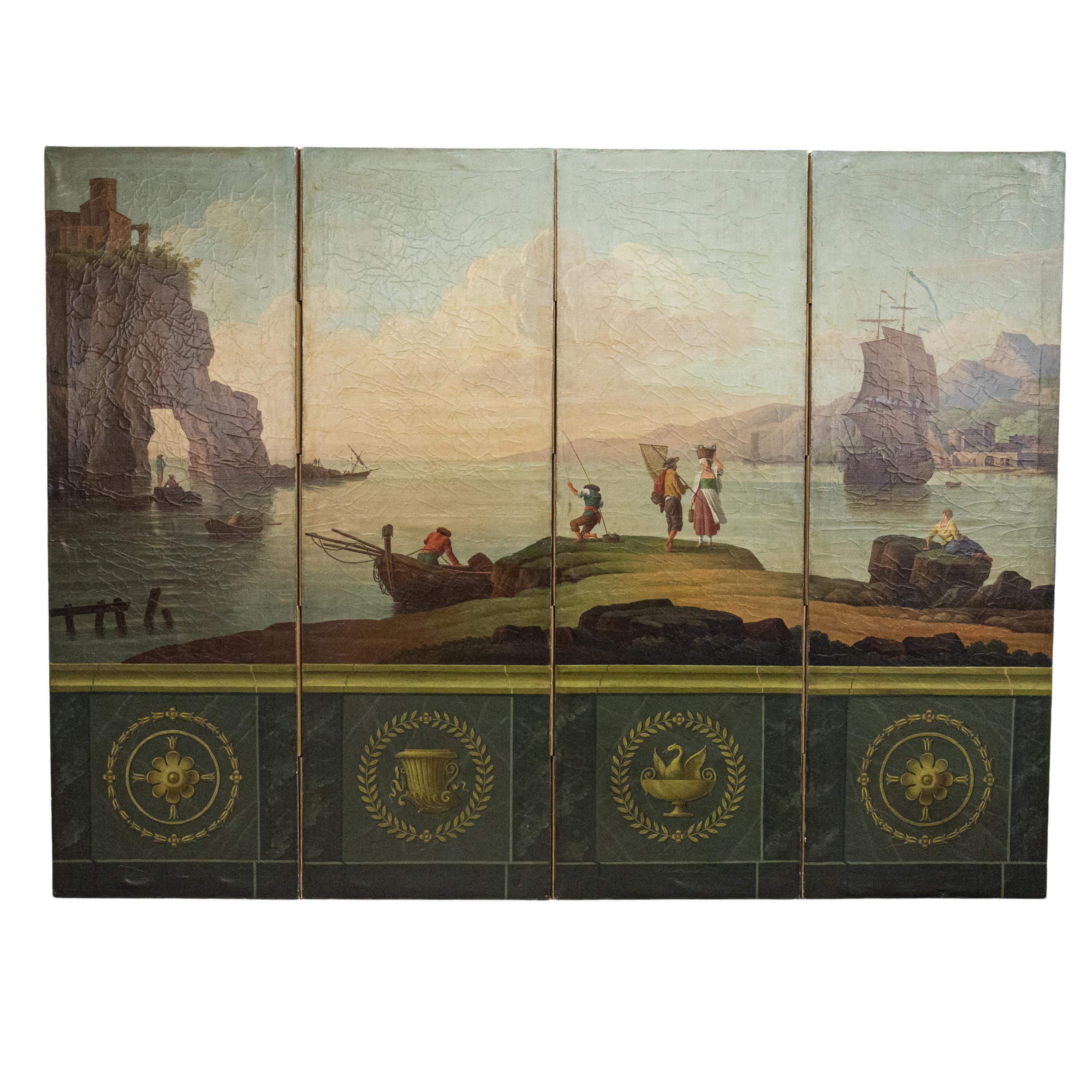 Très belle et spectaculaire huile sur toile italienne ancienne pour écran/division de pièce, vers 1860.
Le paravent quadruple est très finement peint d'une scène de pêche/port italienne, la base est peinte de carreaux en trompe-l'oeil avec des